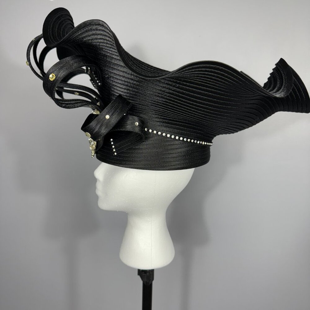BEN MARC INTERNATIONAL BLACK CHURCH LADY HAT. JEWELED WITH ORNATE FRONT. - Picture 4 of 8